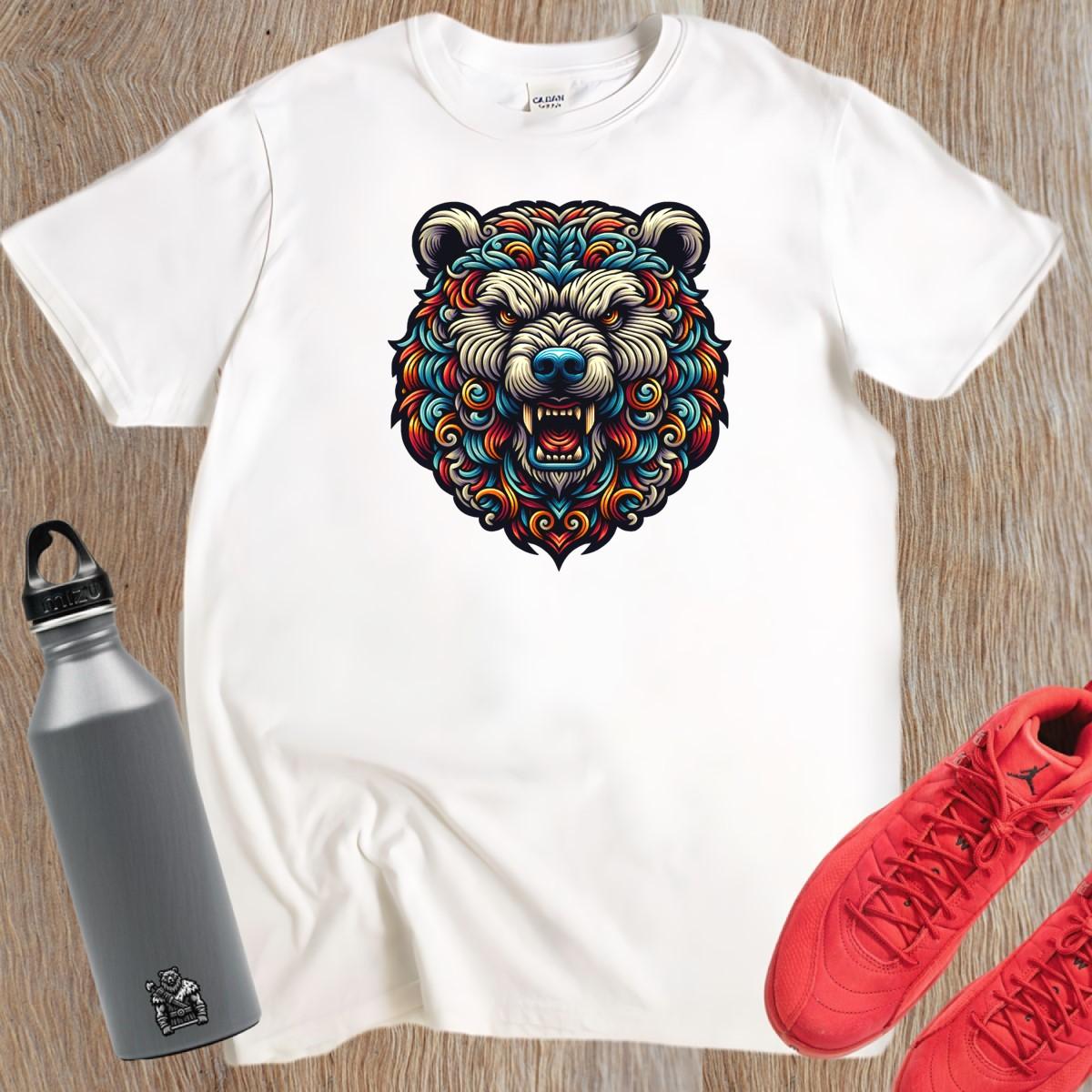 Alt text: "Intricately detailed Bear Emblem graphic on a bold gym T-shirt, symbolizing strength and determination for fitness enthusiasts."