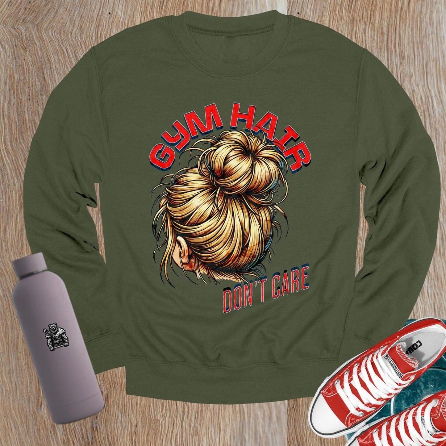 "Bold graphic crewneck sweatshirt for gym wear, promoting fitness and self-expression. Relaxed fit ideal for workouts and casual outings."