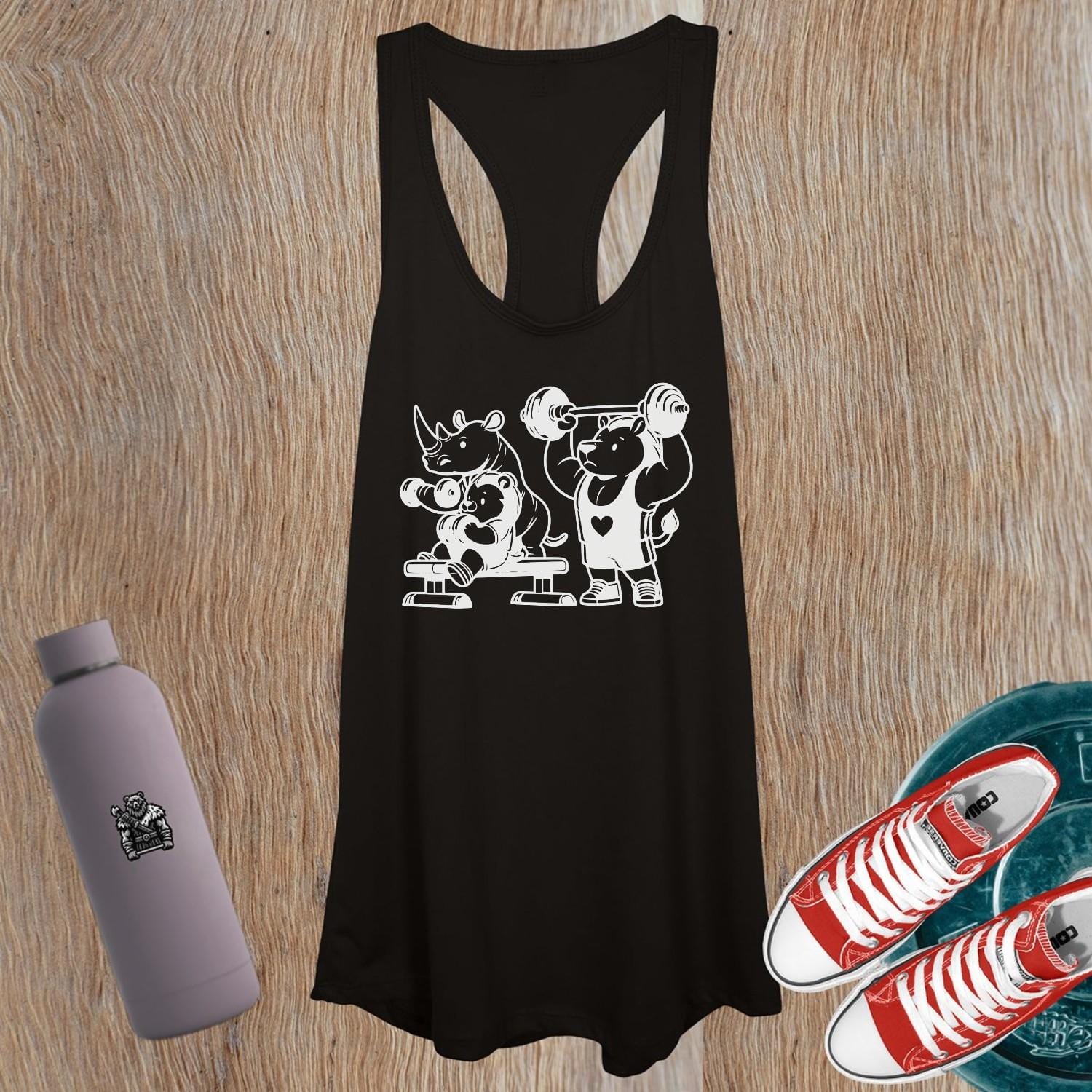"Whimsical women's tank top featuring a playful animal gym crew, perfect for workouts or casual outings, combining style and comfort."
