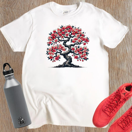 Alt text: "Vibrant cherry blossom tree design on a stylish gym t-shirt, symbolizing strength and resilience for fitness enthusiasts."