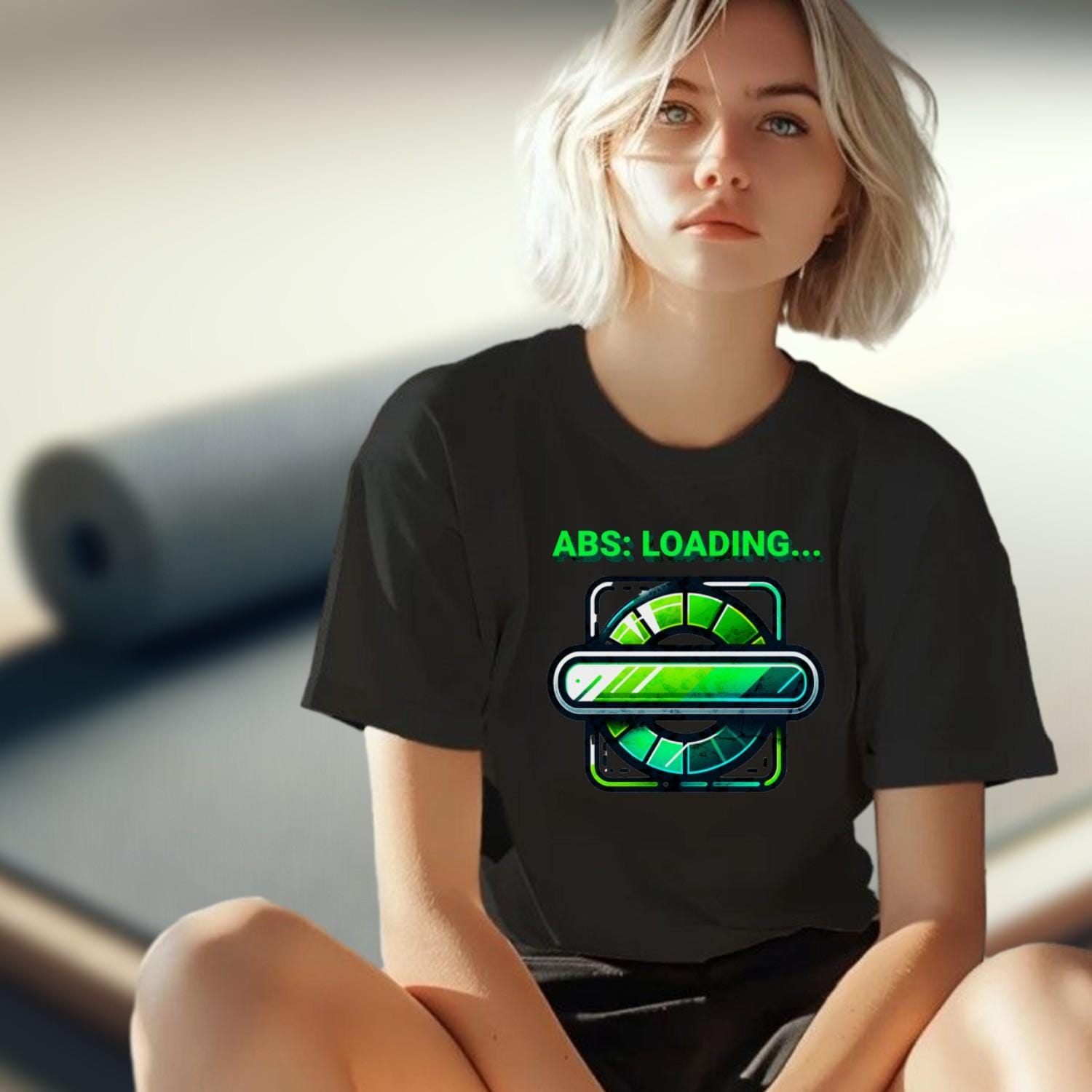 "Vibrant gym T-shirt featuring 'ABS: LOADING...' design, perfect for athletes and fitness enthusiasts, showcasing style and motivation."