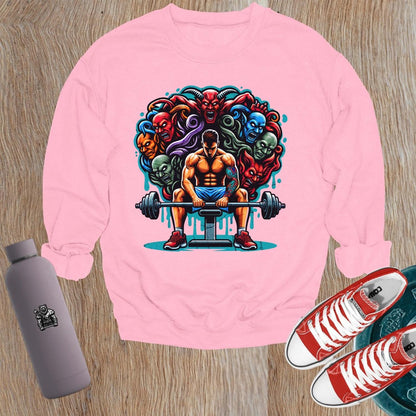 "Bold gym sweatshirt featuring an inspiring graphic, designed for comfort and style, perfect for workouts and casual wear."