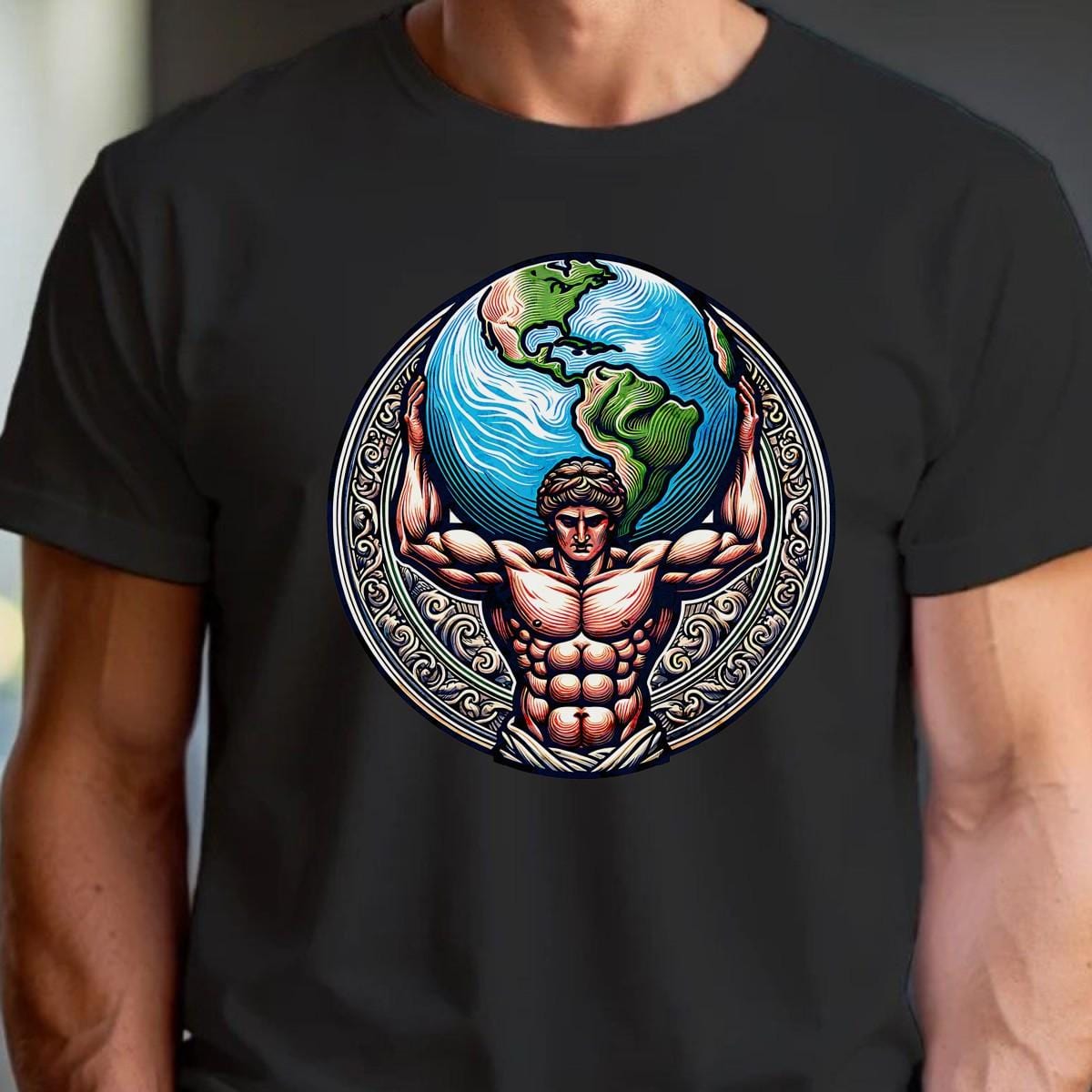 "Gym T-shirt featuring a strong figure holding the world, symbolizing strength and resilience, perfect for fitness enthusiasts."