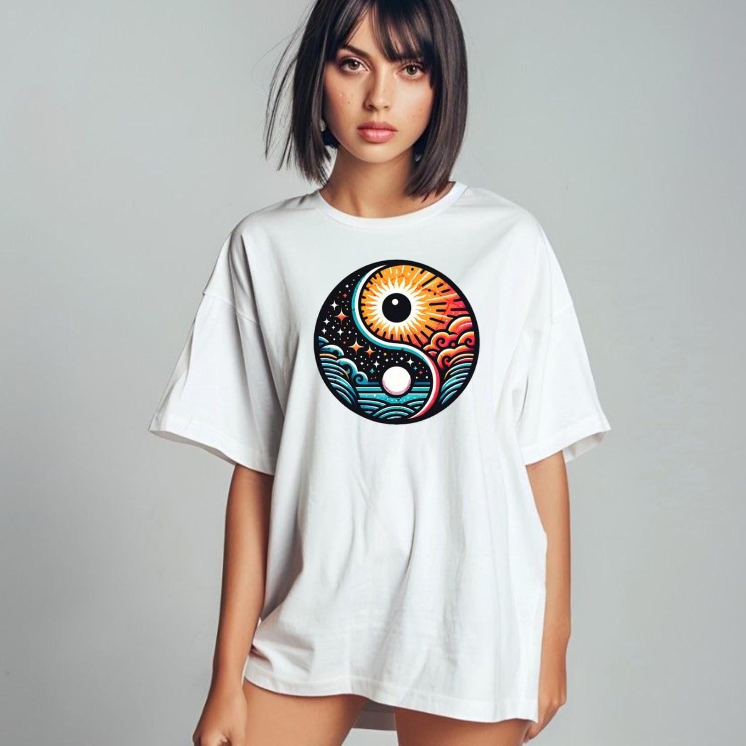 "Dynamic yin-yang graphic T-shirt for workouts, symbolizing balance and strength. Perfect for lifting or yoga, showcasing fitness style."
