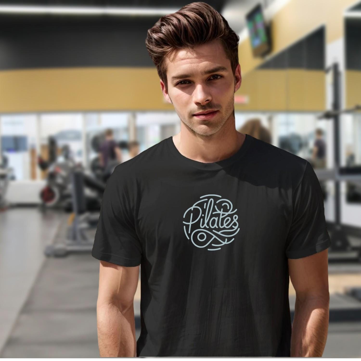 "Stylish Pilates T-shirt featuring an eye-catching graphic, perfect for fitness enthusiasts, combining comfort and motivation for workouts."