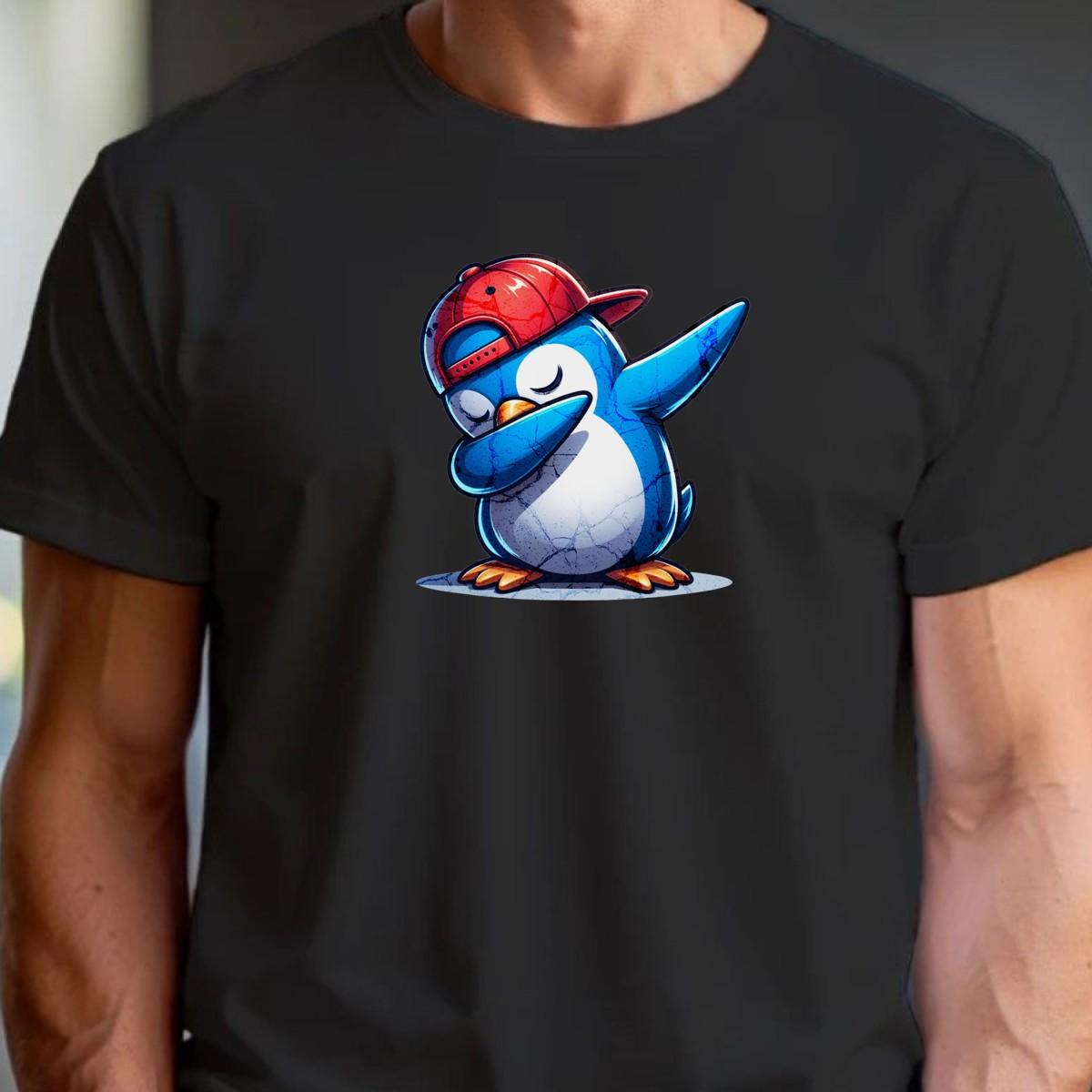 Alt text: "Vibrant gym T-shirt featuring a playful penguin wearing a cap, perfect for fitness enthusiasts who value comfort and style."