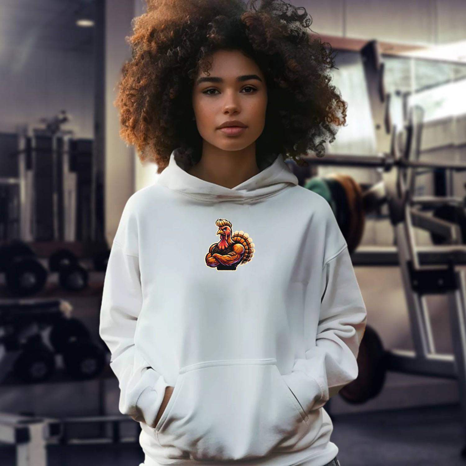 "Bold gym hoodie featuring a fierce, muscle-bound turkey design, perfect for workouts and casual wear, showcasing fitness and competitive spirit."