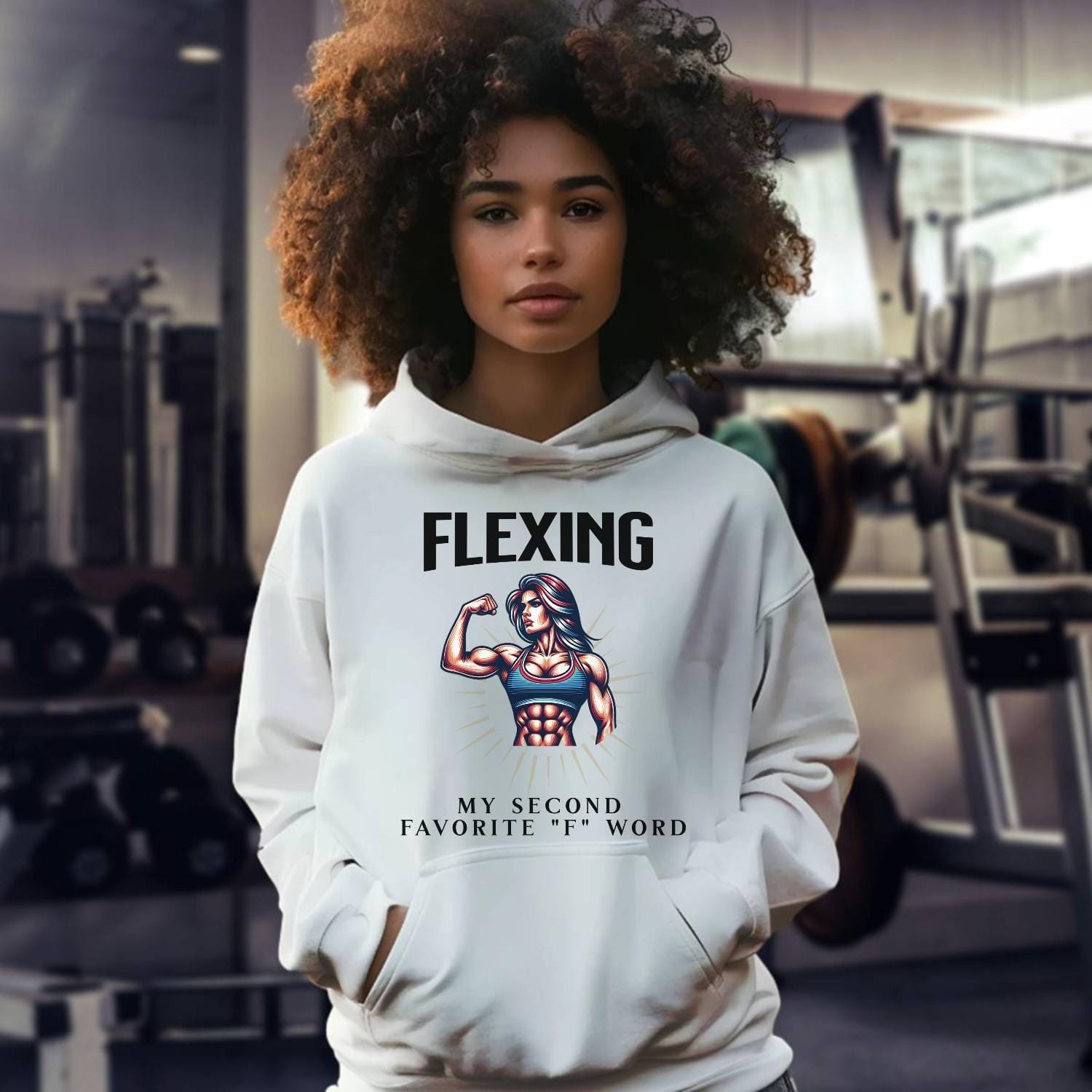 "Bold gym hoodie featuring a powerful graphic design celebrating strength and empowerment, perfect for workouts and casual wear."