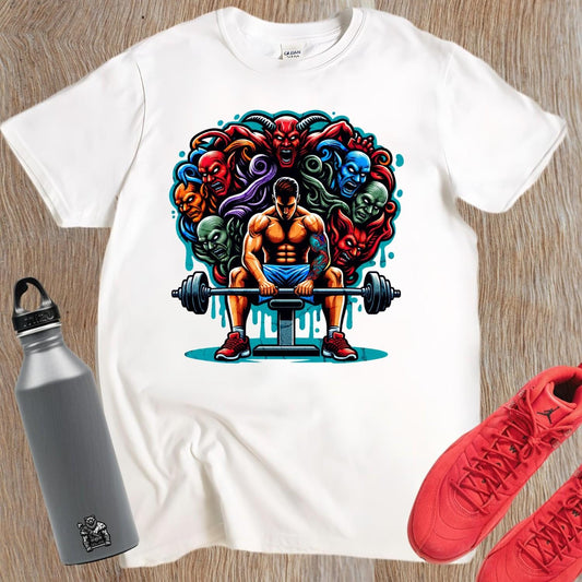 "Graphic gym t-shirt showcasing a fierce design symbolizing strength and determination, inspiring workouts and fitness dedication."