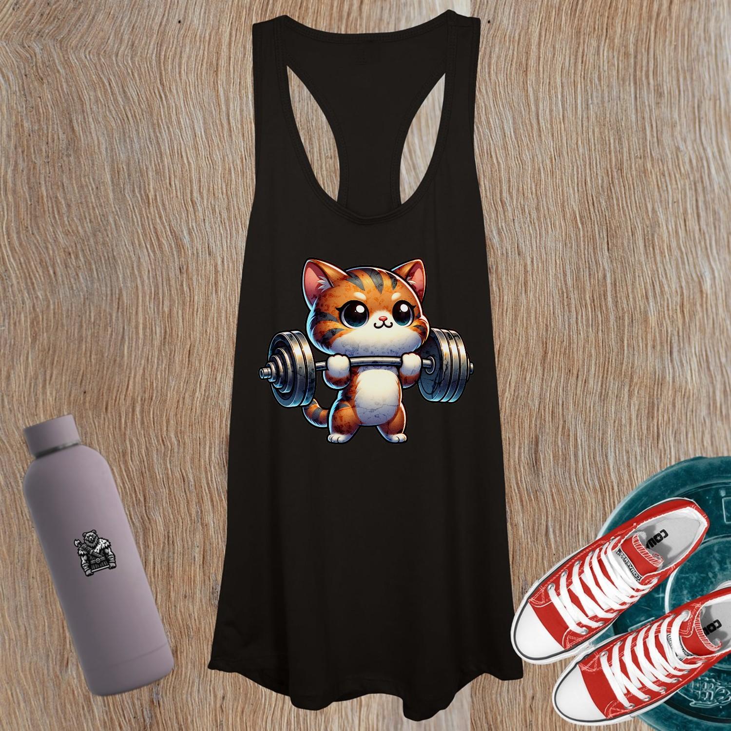"Adorable women's tank top featuring a cute kitty lifting weights, perfect for gym workouts and casual wear. Fun graphic design."
