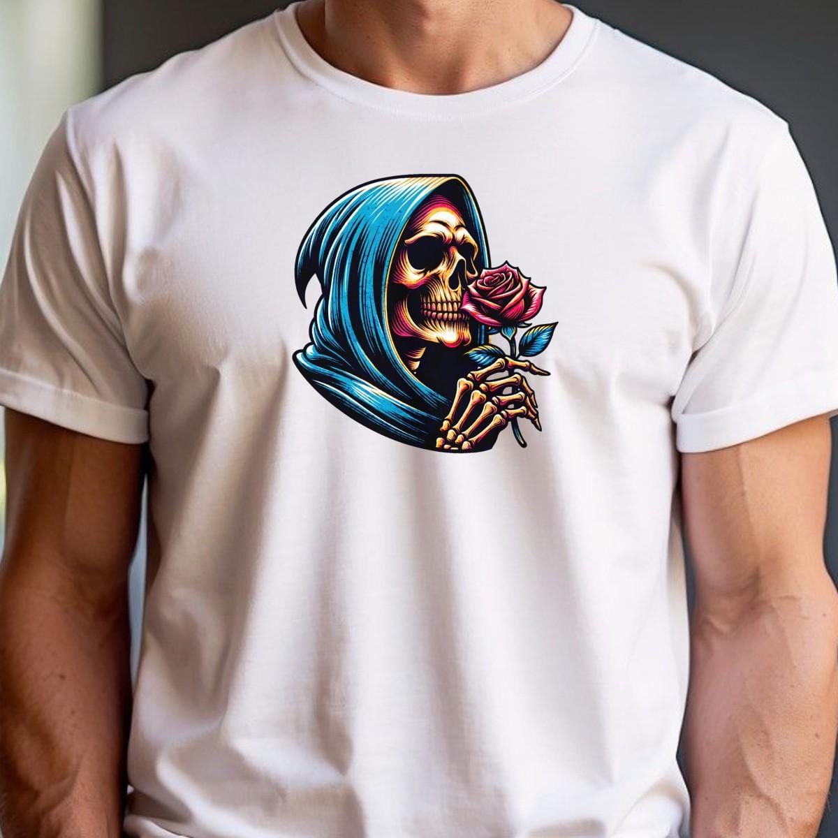 "Edgy gym T-shirt featuring a striking skeleton cradling a rose, combining elegance and strength for bold workout expression."