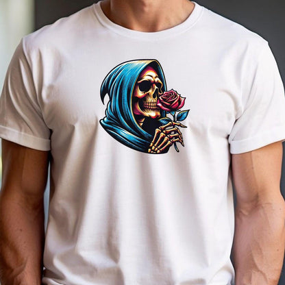 "Edgy gym T-shirt featuring a striking skeleton cradling a rose, combining elegance and strength for bold workout expression."