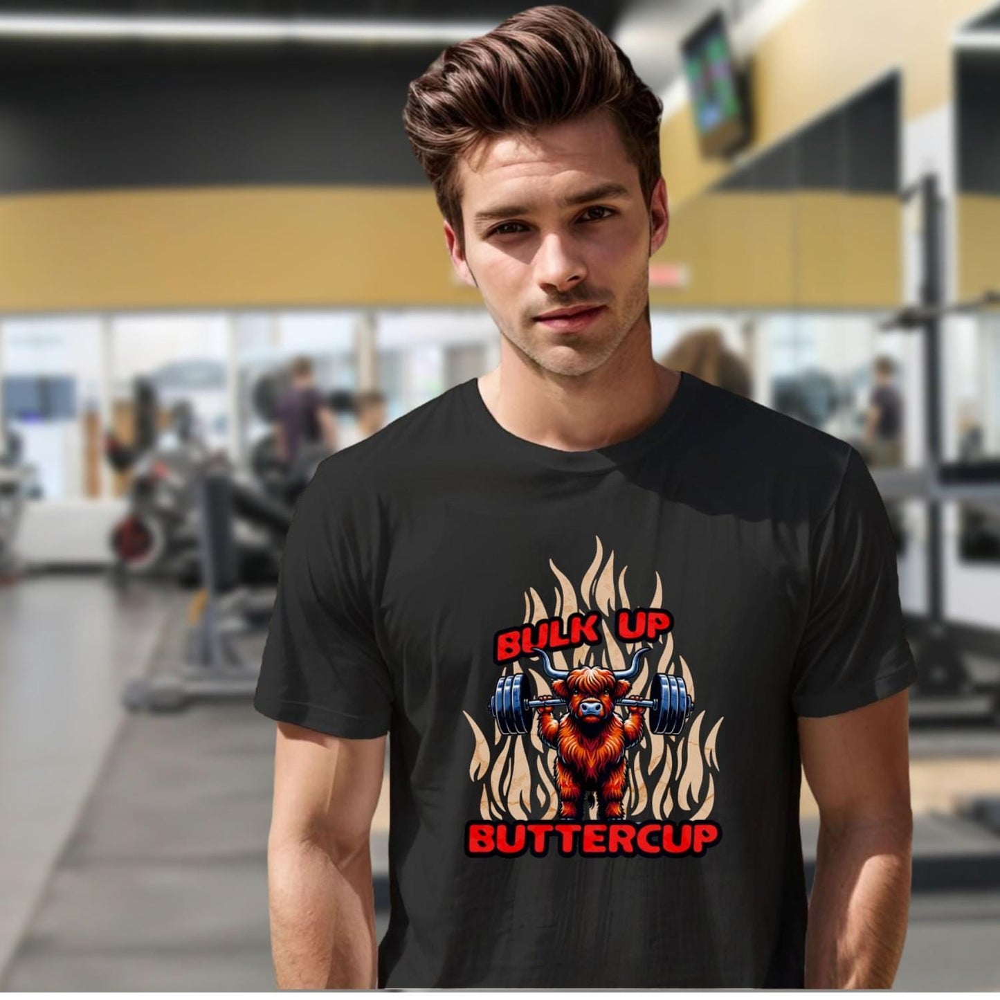 "Bulk Up Buttercup T-shirt featuring a playful lifted Highland cow design, perfect for motivational gym workouts and casual lifting."
