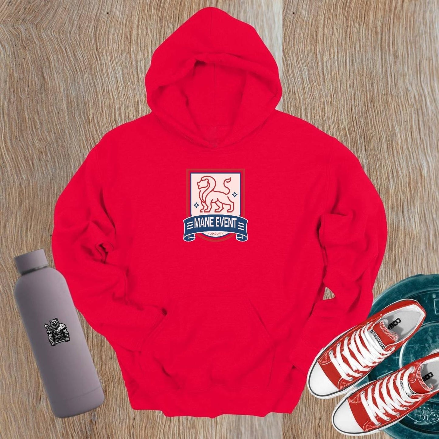 "Bold lion emblem hoodie for gym wear, ideal for lifters. Stylish design complements workouts, warm-ups, and post-gym relaxation."