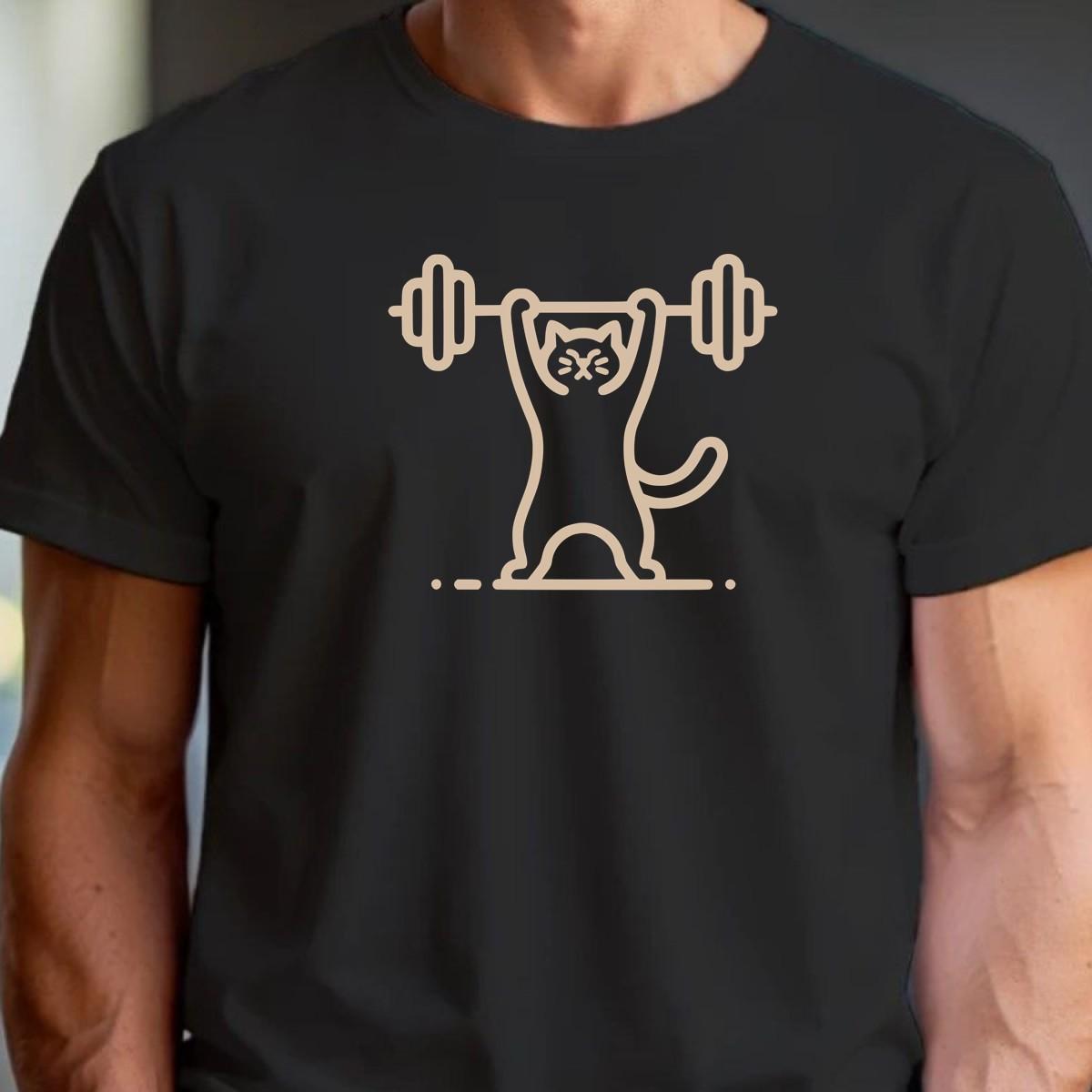 Alt text: "Funny Cat Lifting Weights T-shirt featuring a determined cat showcasing strength, perfect for fitness enthusiasts and gym lovers."
