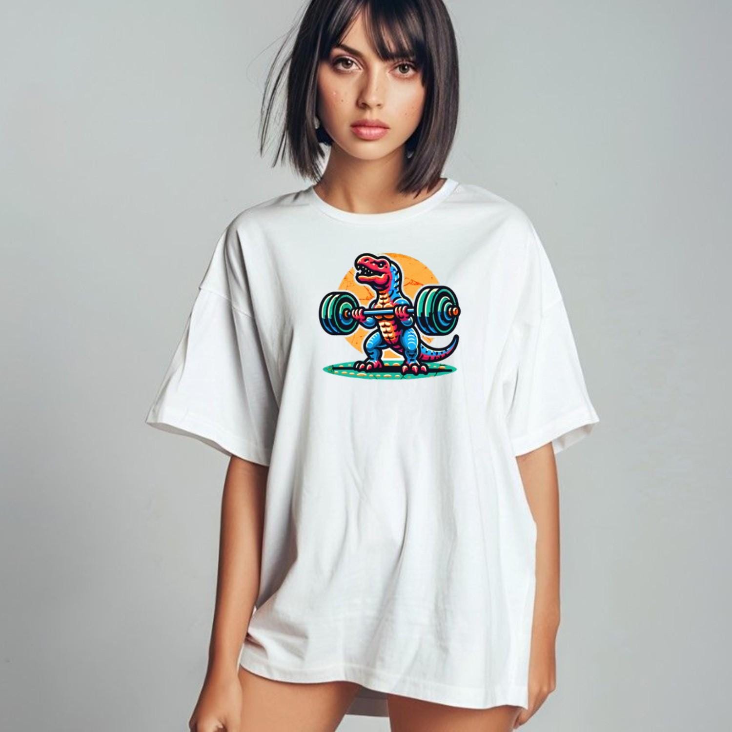 "Fierce dinosaur gym T-shirt featuring a vibrant dinosaur lifting weights, perfect for fitness enthusiasts who want to stand out."