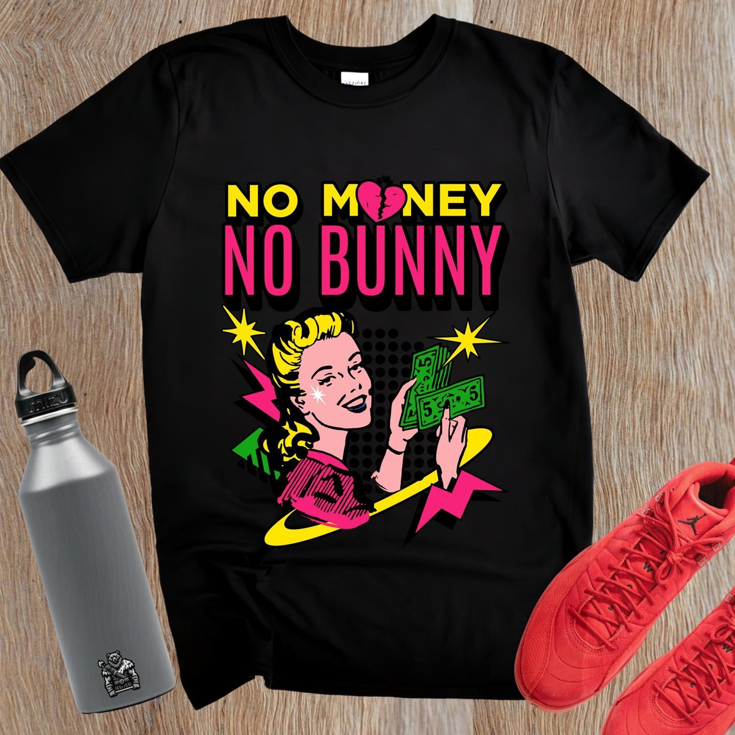 Alt text: "Vibrant gym T-shirt featuring bold 'No Money, No Bunny' design, perfect for workouts and inspiring confidence with unique style."