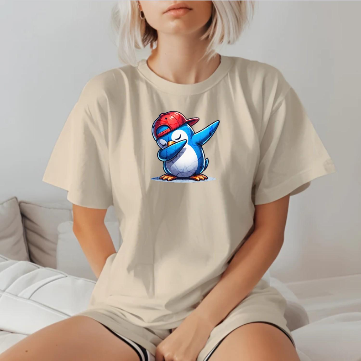 "Vibrant penguin-themed gym tee featuring a cartoon penguin in a snapback, perfect for fun workouts and casual outings."