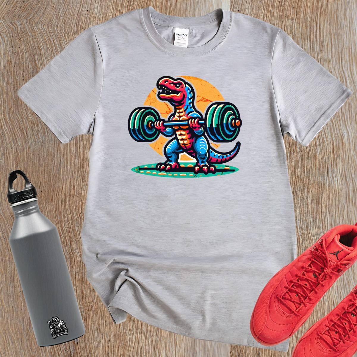 "Fierce dinosaur gym T-shirt featuring a vibrant dinosaur lifting weights, perfect for fitness enthusiasts who want to stand out."