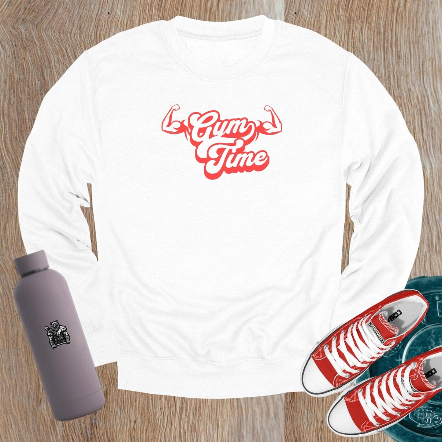 "Vibrant 'Gym Time' crewneck sweatshirt showcasing a bold fitness design, perfect for workouts or relaxation, blending style with motivation."