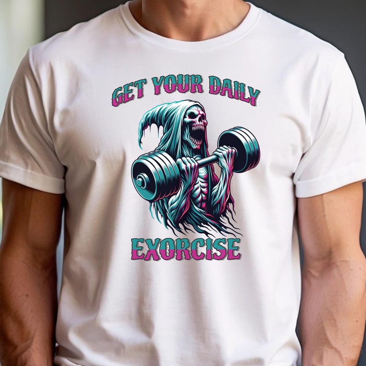"Muted black T-shirt featuring a striking graphic of a skeleton lifting weights, promoting fitness motivation with a quirky style."