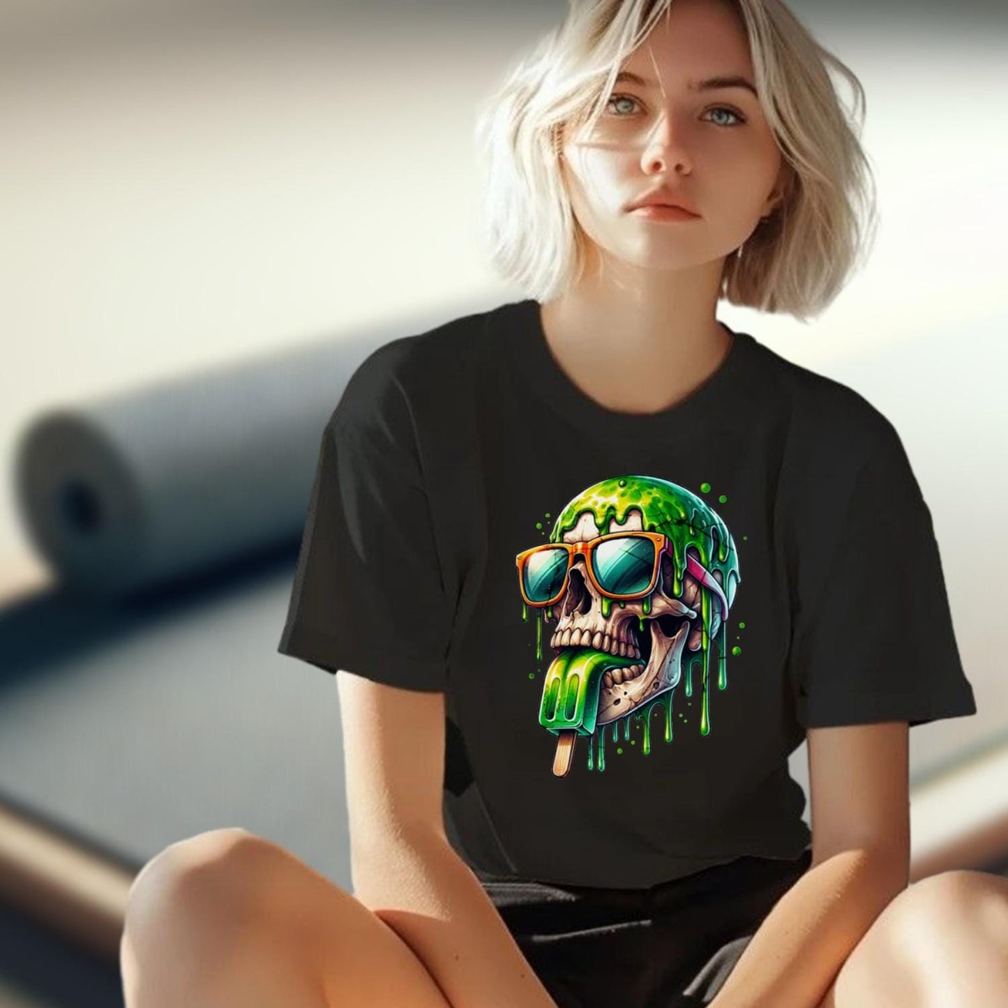 "Fierce skull graphic T-shirt for gym, featuring bold colors and edgy design. Perfect for workouts, casual outings, and self-expression."