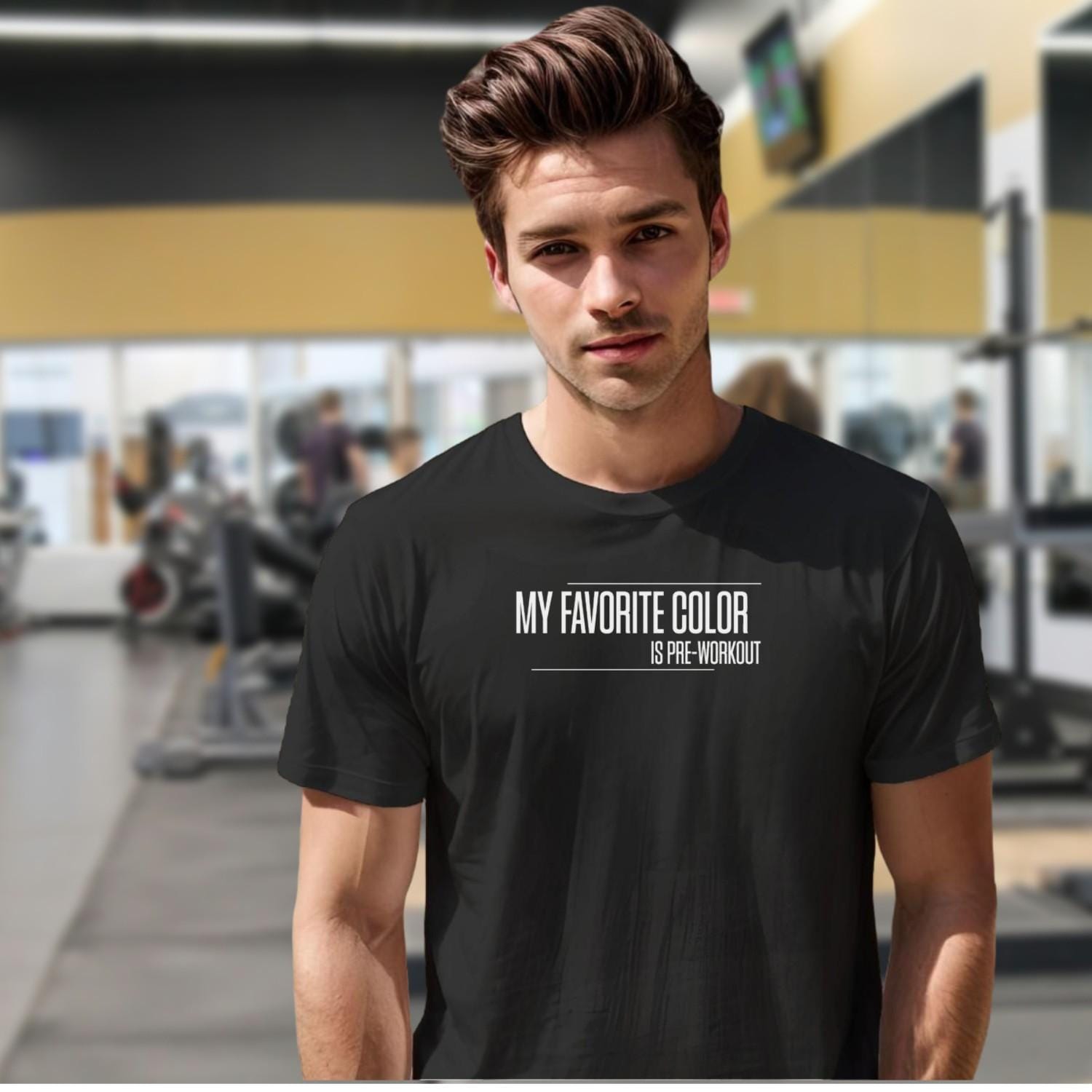 "Vibrant gym T-shirt with cheeky slogan 'My Favorite Color is Pre-Workout,' showcasing athletic style and motivation for fitness enthusiasts."