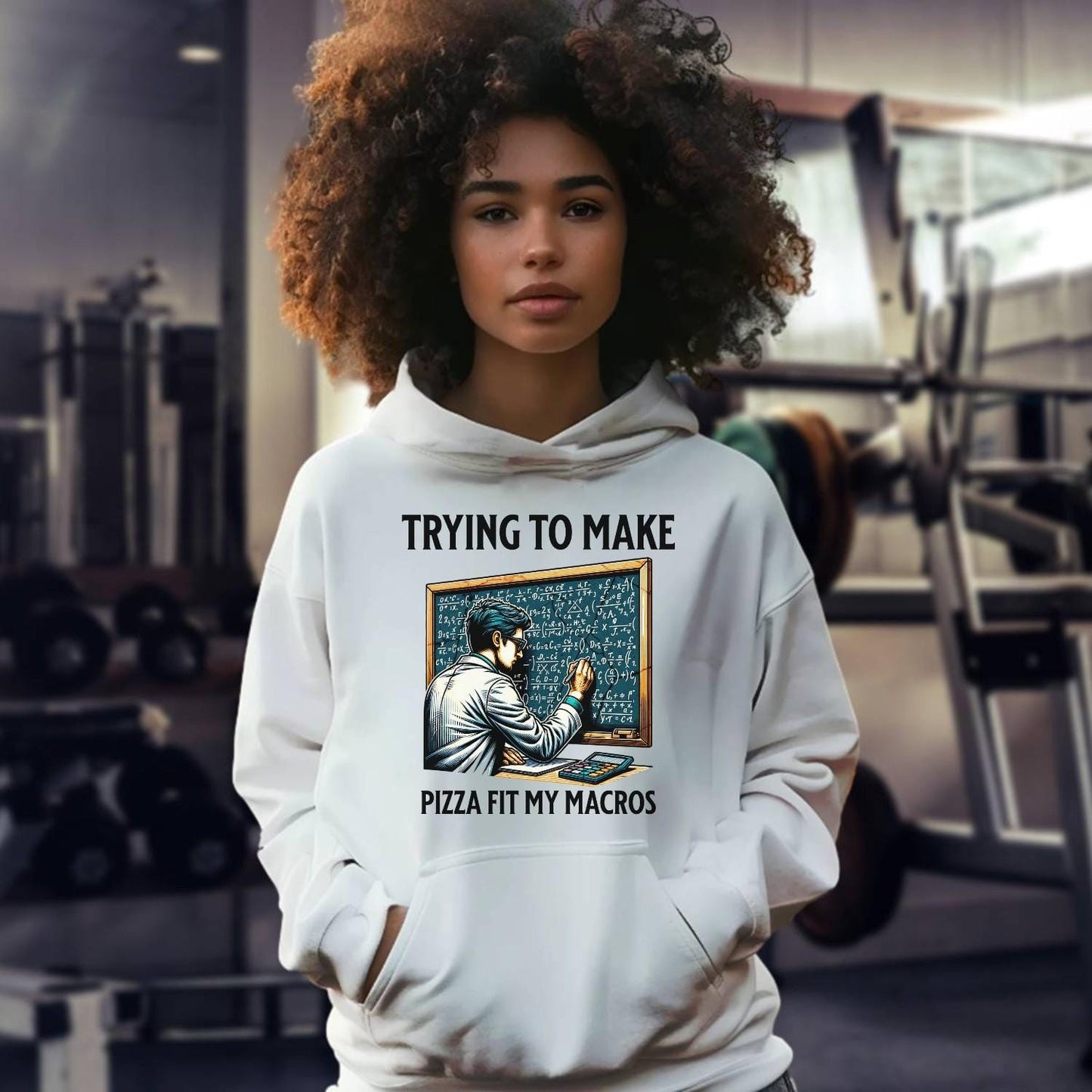 "Graphic hoodie featuring a humorous design of a fitness enthusiast calculating pizza macros, perfect for gym lovers and foodies."