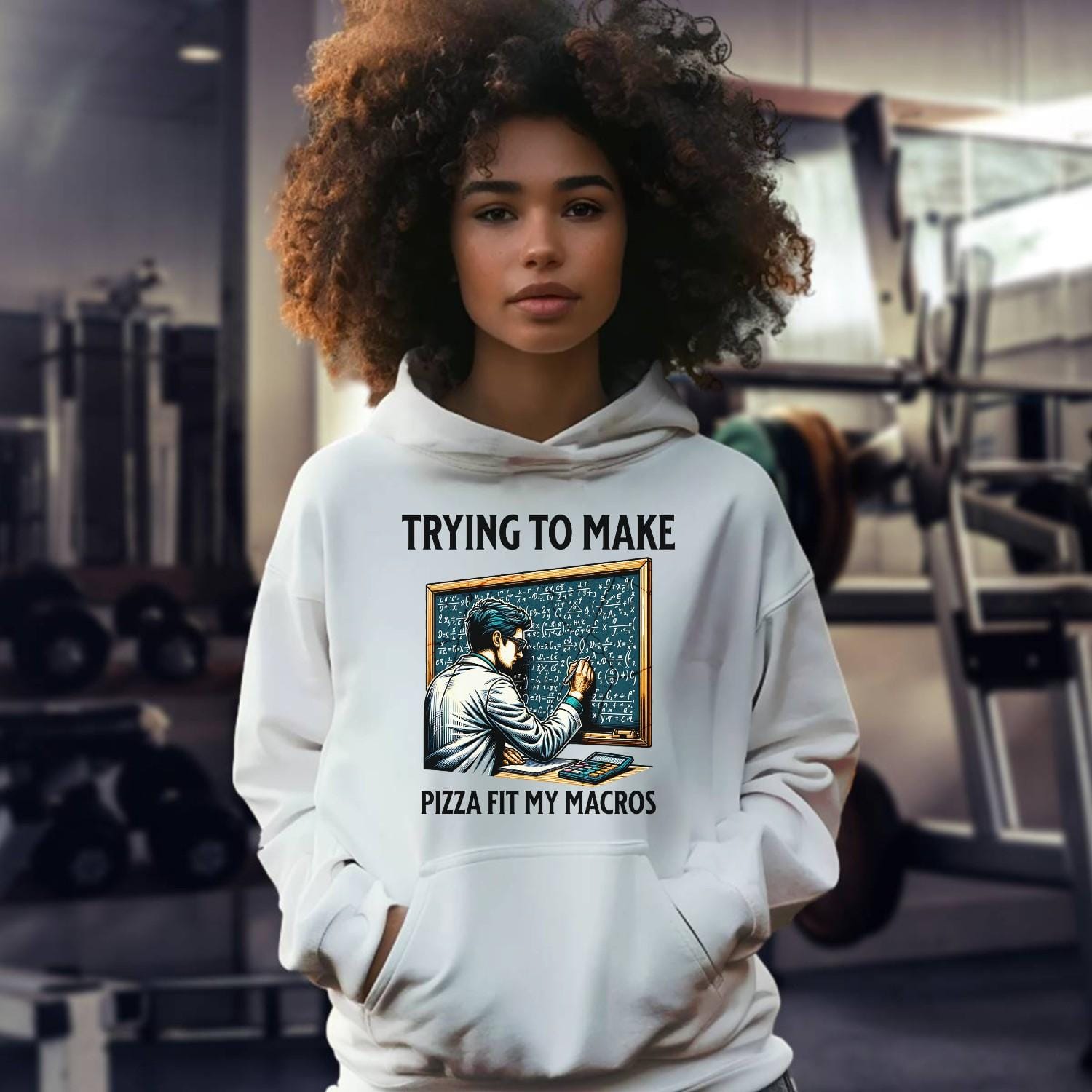 "Graphic hoodie featuring a humorous design of a fitness enthusiast calculating pizza macros, perfect for gym lovers and foodies."