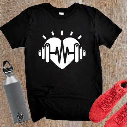 Dynamic gym T-shirt featuring a heart and weights graphic, symbolizing fitness dedication, perfect for workouts and casual wear.