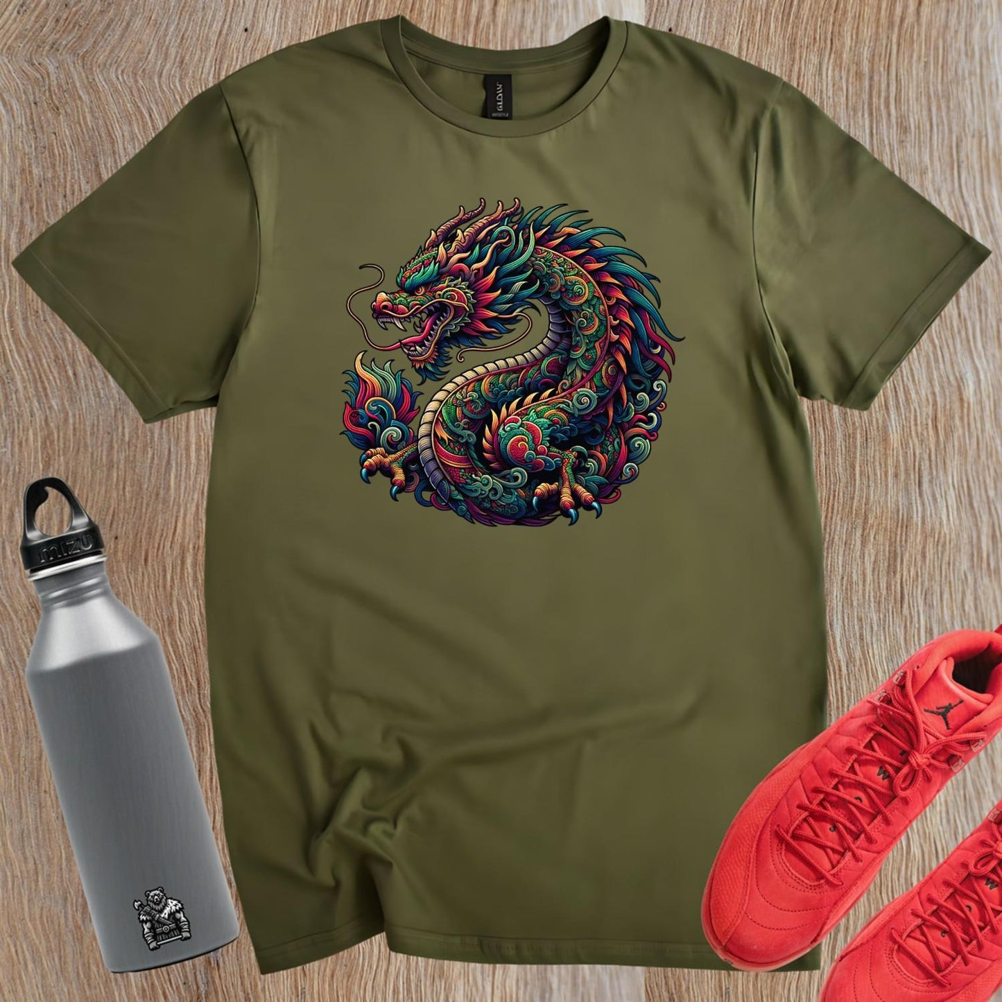 Alt text: "Fierce dragon graphic T-shirt for gym enthusiasts, featuring vibrant colors and intricate details, perfect for workouts and lifting."