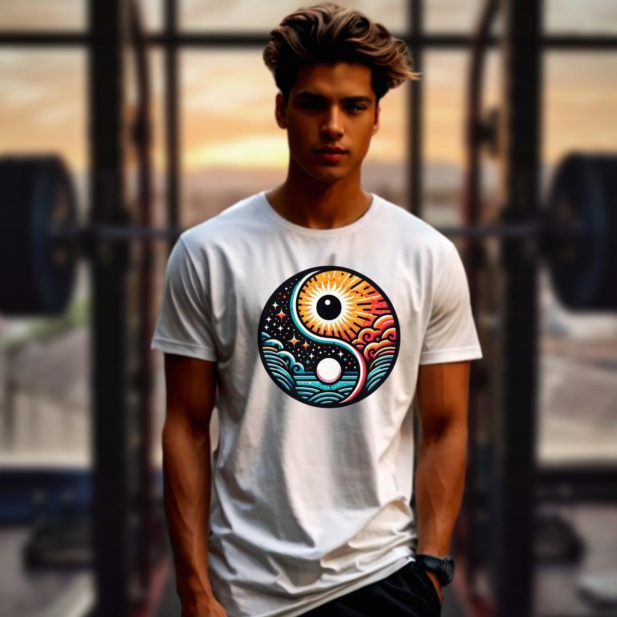 "Dynamic yin-yang graphic T-shirt for workouts, symbolizing balance and strength. Perfect for lifting or yoga, showcasing fitness style."