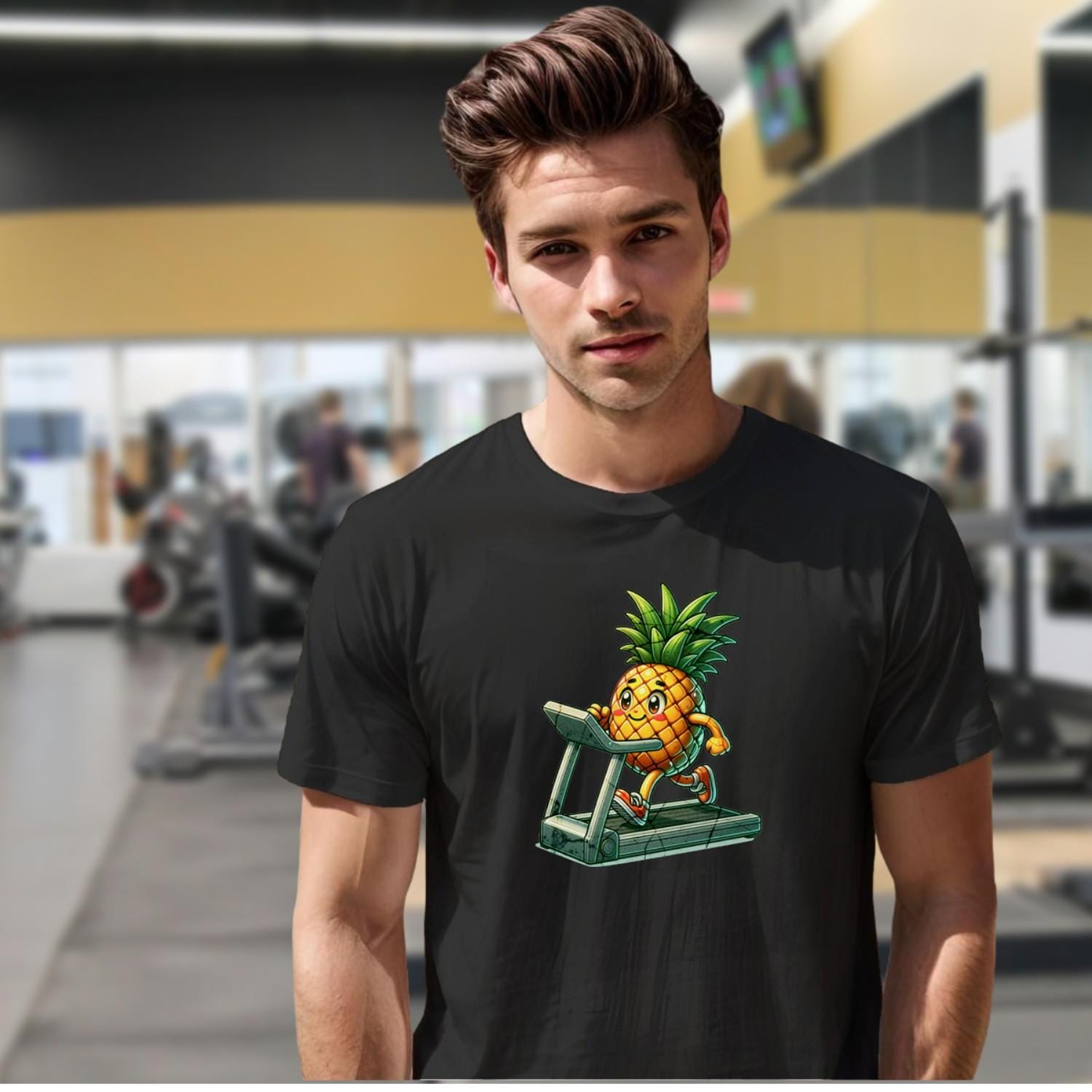 "Playful pineapple sprinting on a treadmill graphic T-shirt for gym enthusiasts; vibrant design enhances workout motivation and style."
