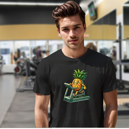 "Playful pineapple sprinting on a treadmill graphic T-shirt for gym enthusiasts; vibrant design enhances workout motivation and style."