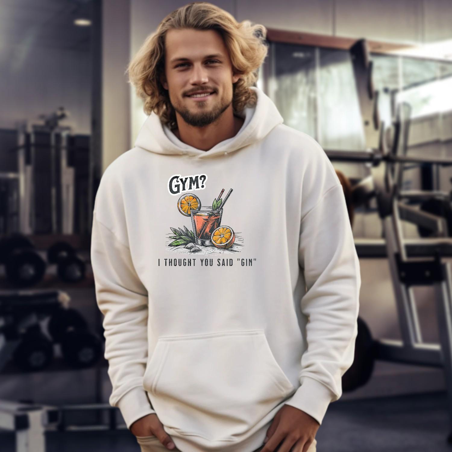 “Playful 'Gym? I Thought You Said ‘Gin’' hoodie featuring vibrant graphics, perfect for stylish workouts and casual outings.”