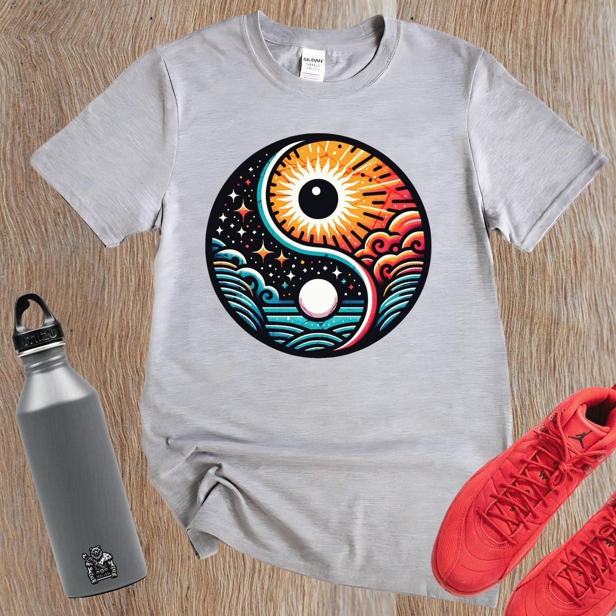"Dynamic yin-yang graphic T-shirt for workouts, symbolizing balance and strength. Perfect for lifting or yoga, showcasing fitness style."