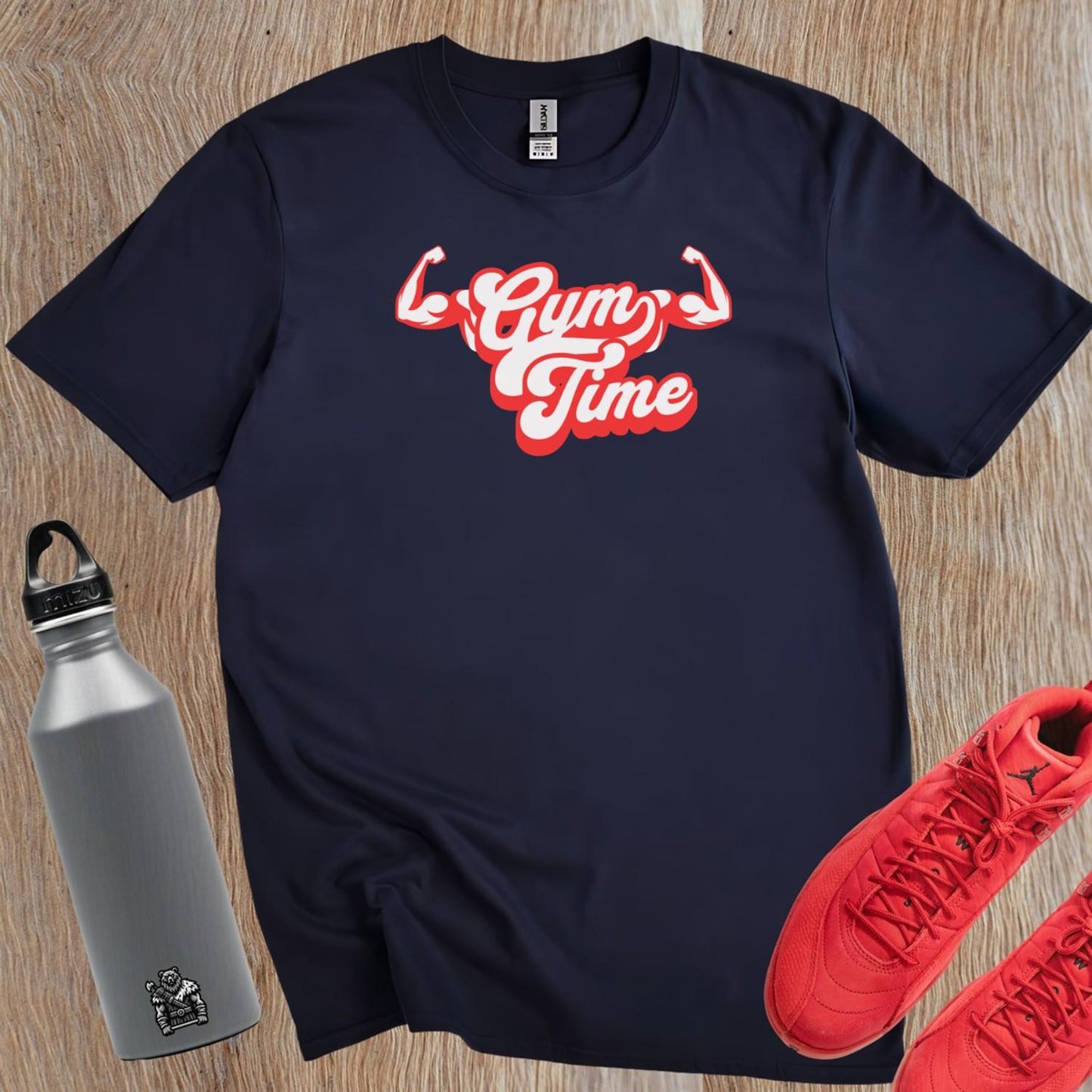 Alt text: "Bold 'Gym Time' T-shirt for fitness enthusiasts, featuring an eye-catching design that symbolizes strength and determination in workouts."