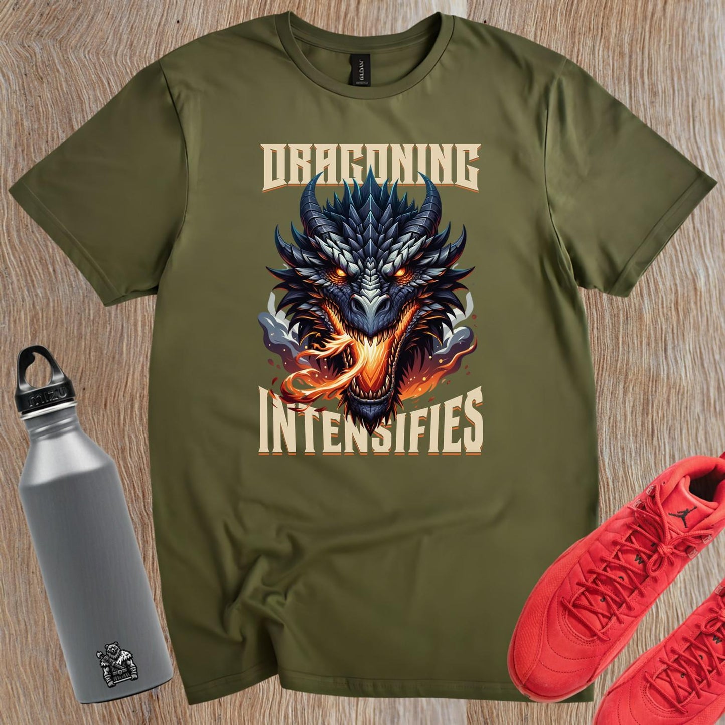 "Fierce graphic T-shirt featuring a fiery dragon design, ideal for gym workouts, showcasing strength, determination, and fitness passion."