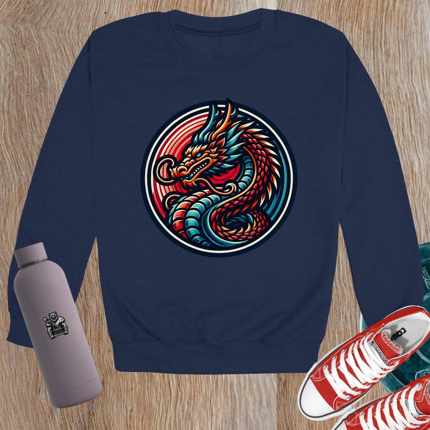 "Dynamic crewneck sweatshirt with vibrant dragon design, perfect for gym enthusiasts. Comfortable fit, showcasing strength and style."