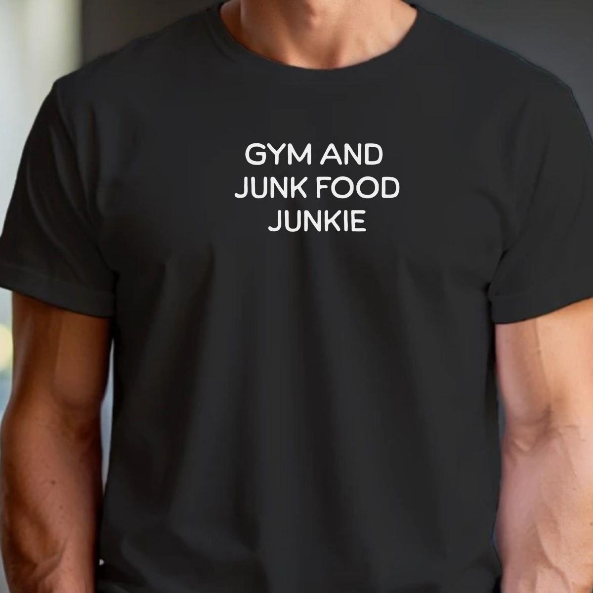 "Bold 'Gym and Junk Food Junkie' T-shirt design; perfect for fitness lovers embracing the balance of workouts and indulgence."