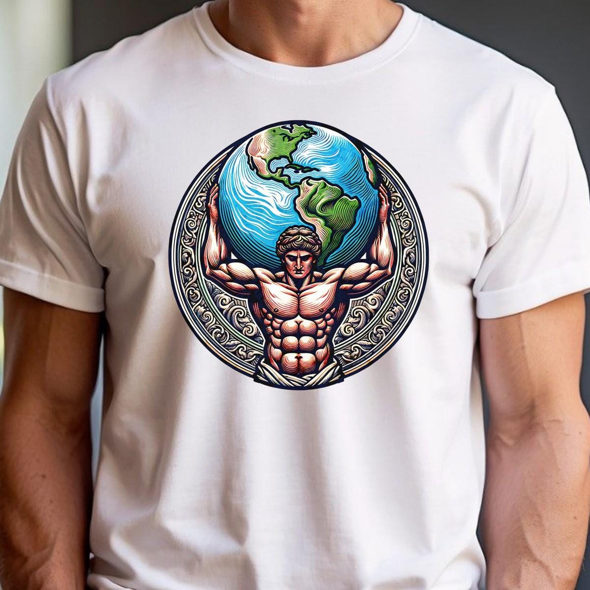 "Dynamic gym T-shirt featuring a powerful figure holding the world, symbolizing strength and resilience for fitness enthusiasts."