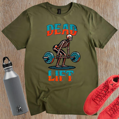 "Black 'Dead Lift' T-shirt featuring a bold skeleton graphic, ideal for fitness enthusiasts, showcasing passion for weightlifting."