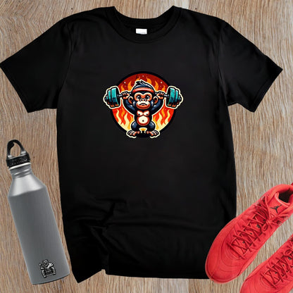 "Vibrant gym T-shirt featuring a weightlifting monkey, symbolizing strength and motivation for fitness enthusiasts. Perfect workout gear!"