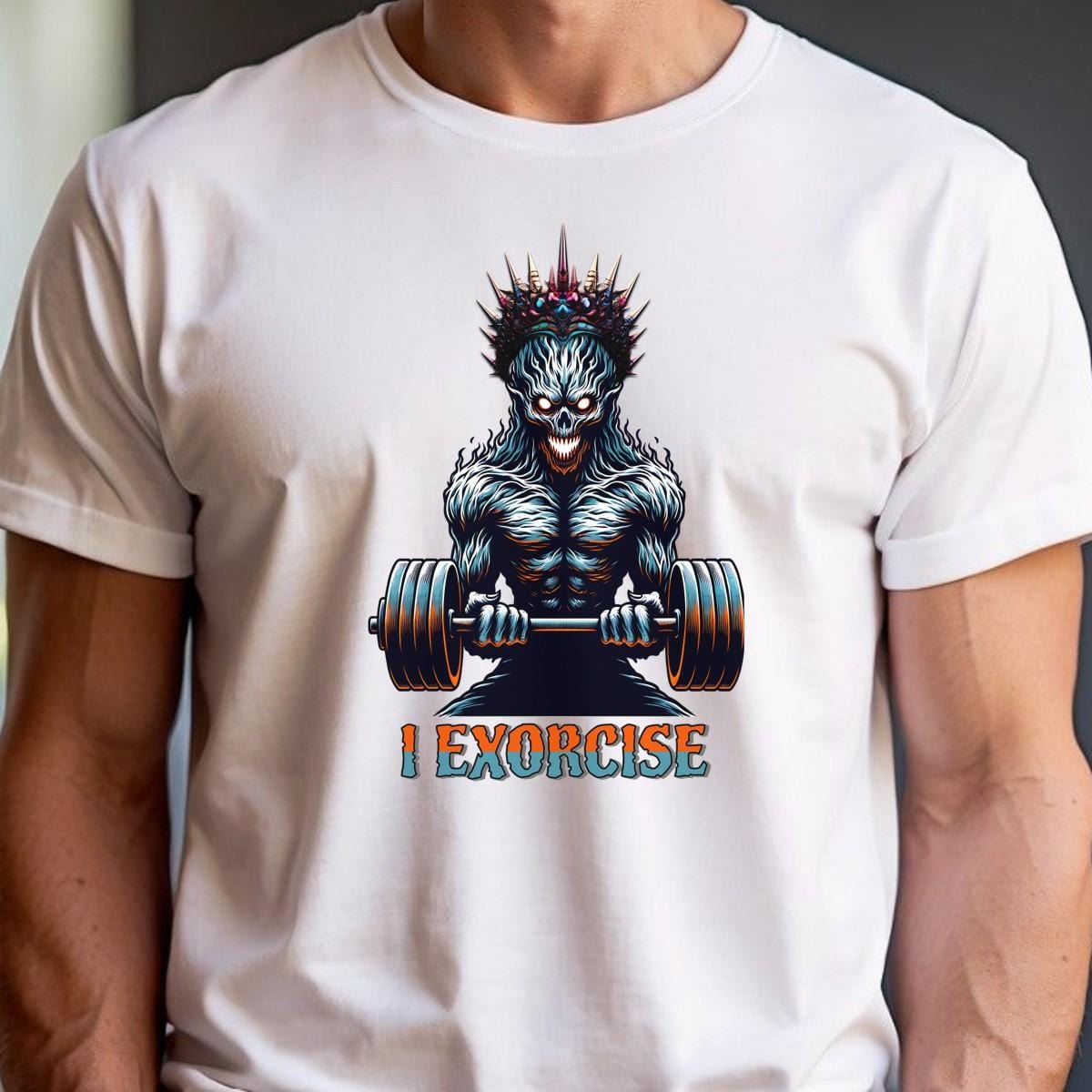 Alt text: "Fierce 'I Exorcise' gym T-shirt featuring bold graphic design, motivational text, perfect for weightlifting, cardio, and fitness enthusiasts."
