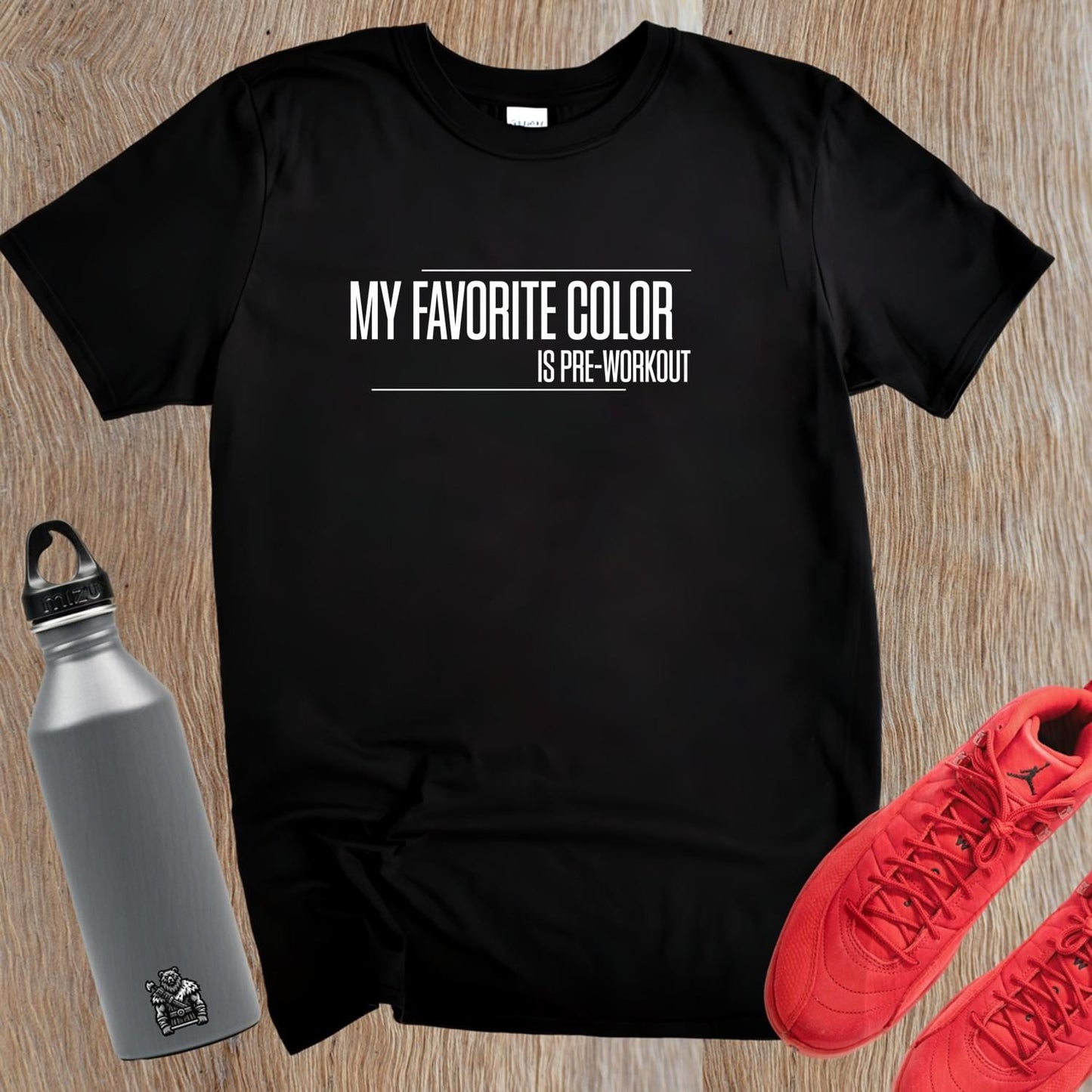 "Vibrant gym T-shirt with cheeky slogan 'My Favorite Color is Pre-Workout,' showcasing athletic style and motivation for fitness enthusiasts."