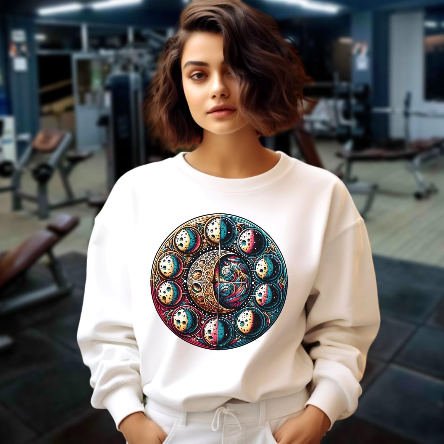 "Colorful gym sweatshirt featuring a dynamic galactic print, perfect for fitness enthusiasts seeking unique style and comfort."