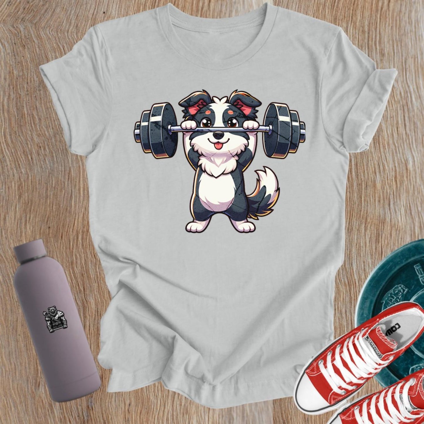 "Adorable 'Lift Like a Pup' T-Shirt featuring a playful dog lifting weights, perfect for women who love fitness and motivation."