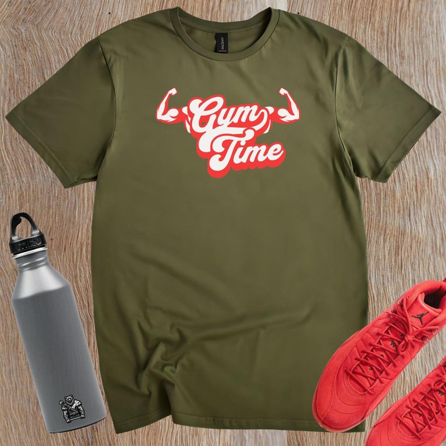 Alt text: "Bold 'Gym Time' T-shirt for fitness enthusiasts, featuring an eye-catching design that symbolizes strength and determination in workouts."