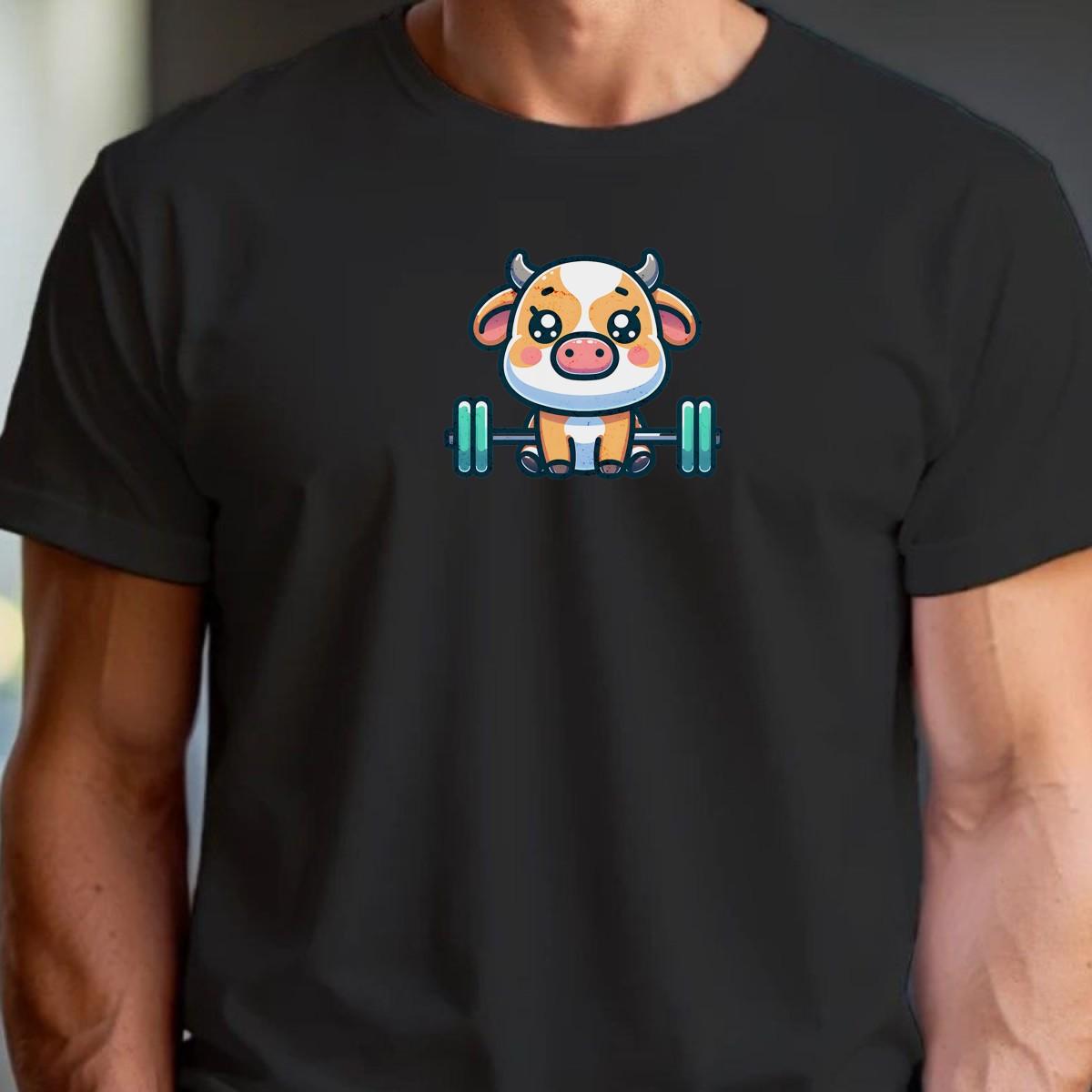 "Adorable gym T-shirt design featuring a playful weightlifting cow, perfect for workouts and leisure. Unique fitness apparel for fun."
