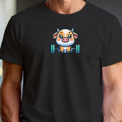 "Adorable gym T-shirt design featuring a playful weightlifting cow, perfect for workouts and leisure. Unique fitness apparel for fun."